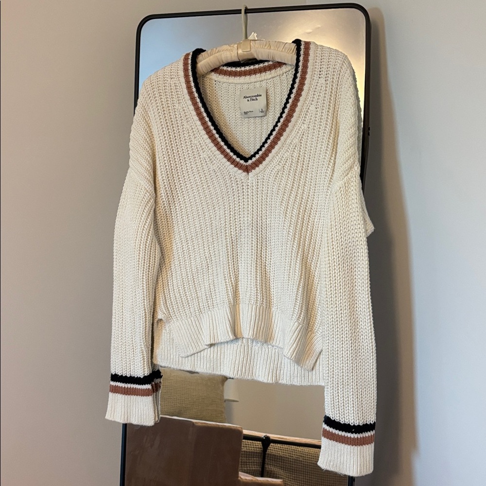 Abercrombie & Fitch Cream V-Neck Sweater with Black and Brown Trim